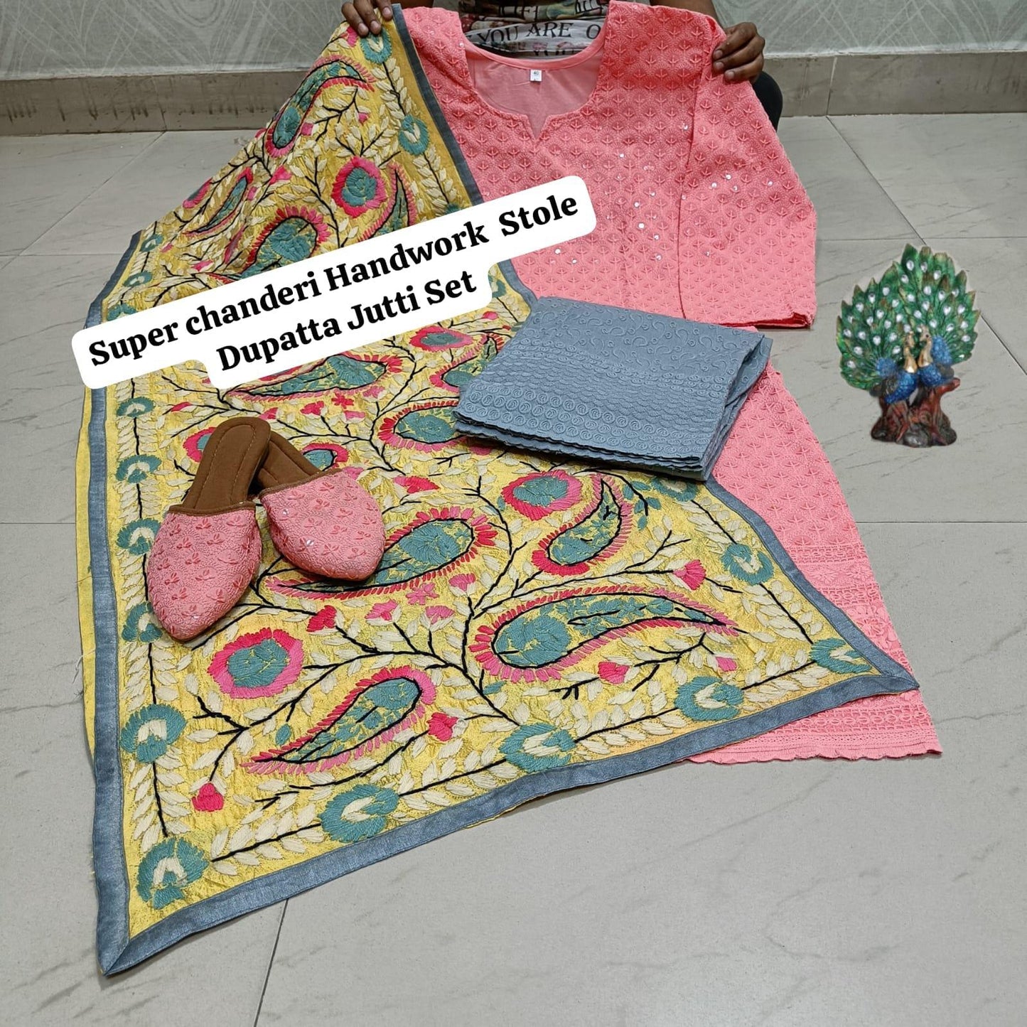 Pink Pure Cambric Cotton Kurti with Beautiful Handwork Stole Dupatta Jutti Set - Inayakhan Shop 