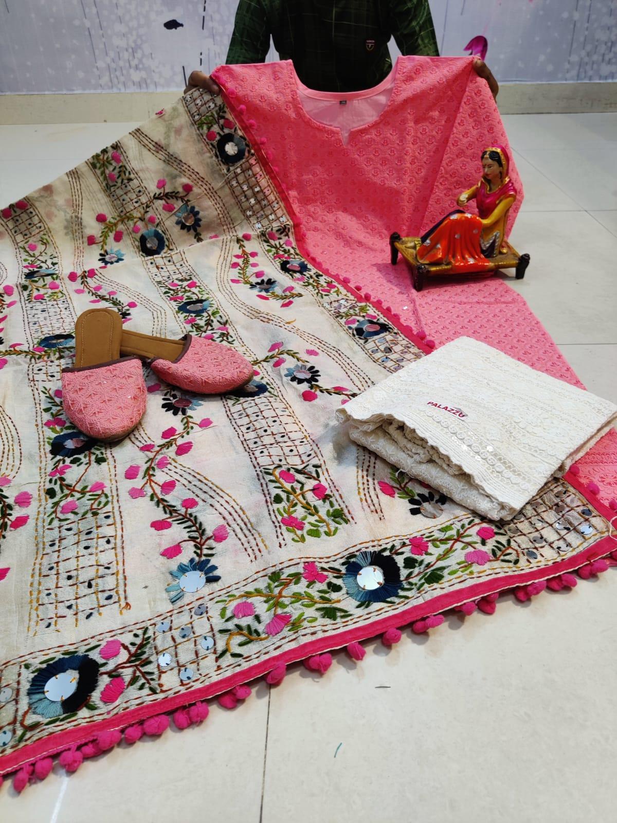 Pink Pure Cotton Phulkari Suit with Beautiful Handmade Mirror Work Shopping Online - Inayakhan Shop 