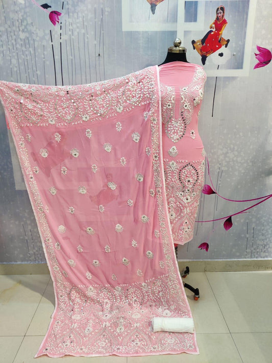 Pink Pure Georgette Kashmiri Heavy Suit with Mirror Handwork Embroidery - Inayakhan Shop 