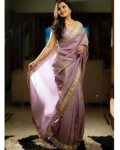 Pink Radiant Tissue Silk Saree with Sequins and Embroidery Work - Inayakhan Shop 