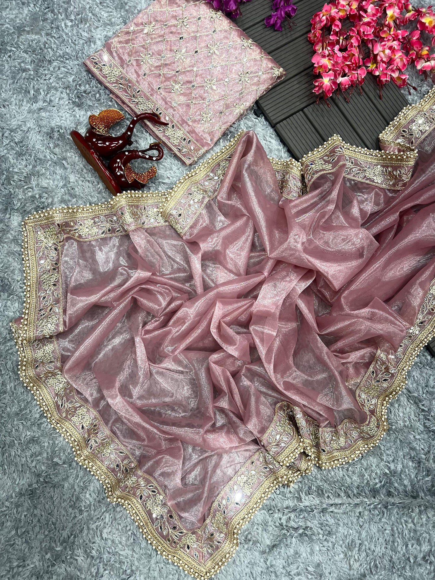 Pink Radiant Tissue Silk Saree with Sequins and Embroidery Work - Inayakhan Shop 