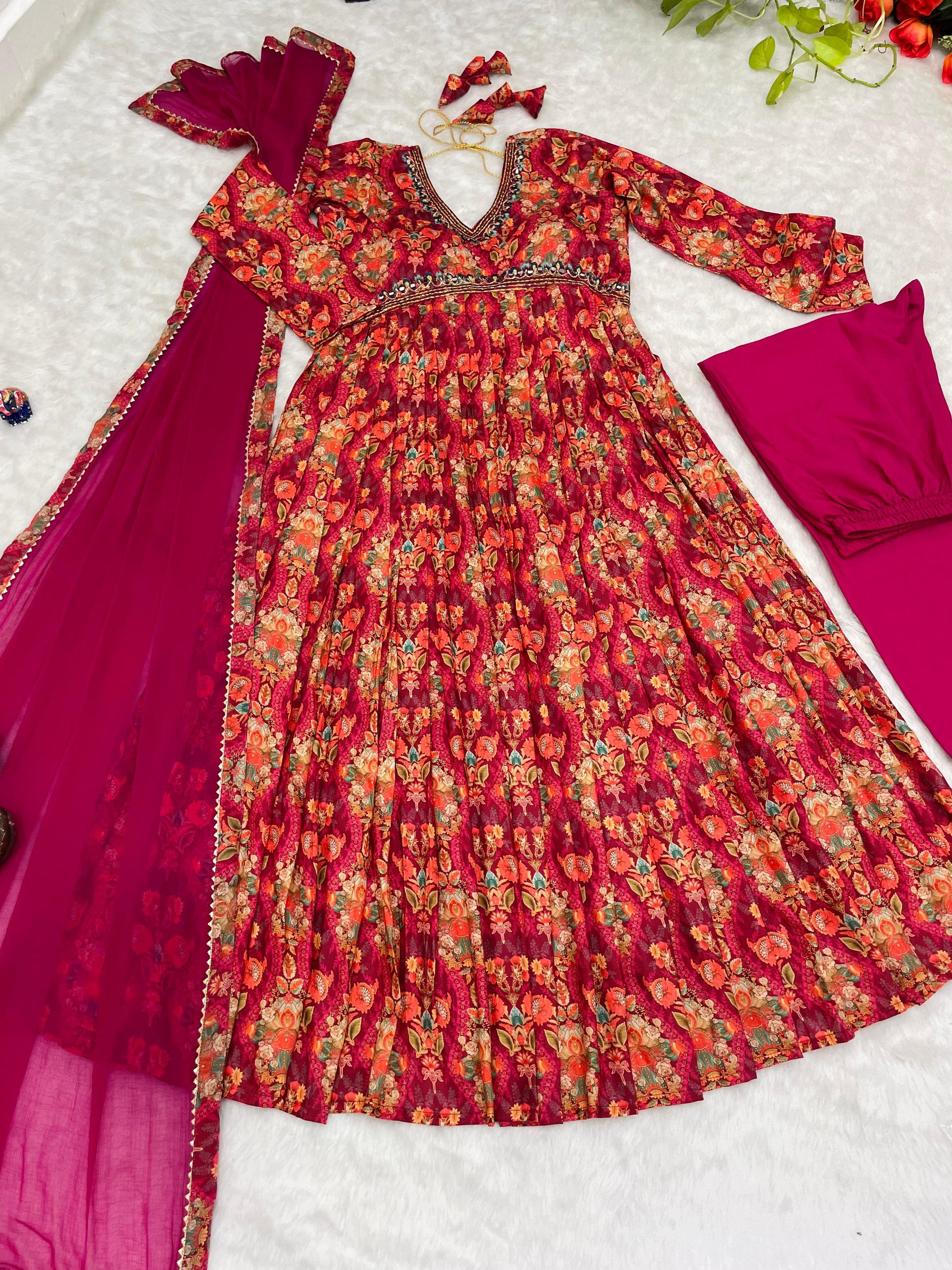 Pink Rakhi Special Party Wear Alia Cut Anarkali Dress with Dupatta and Pant - Inayakhan Shop 