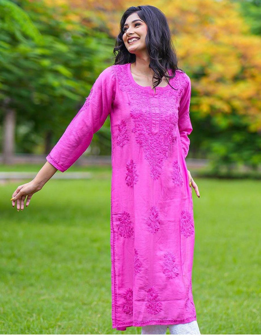 Pink Regal Radiance Chanderi Silk Kurti and Stretchable Pant Set - Inayakhan Shop 