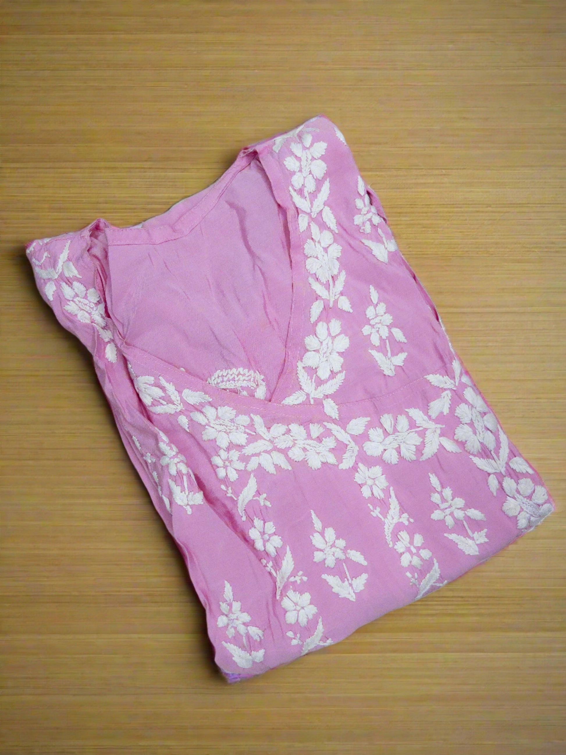Pink Roman Silk Chikankari Angrakha Kurti and Pant Set - Inayakhan Shop 