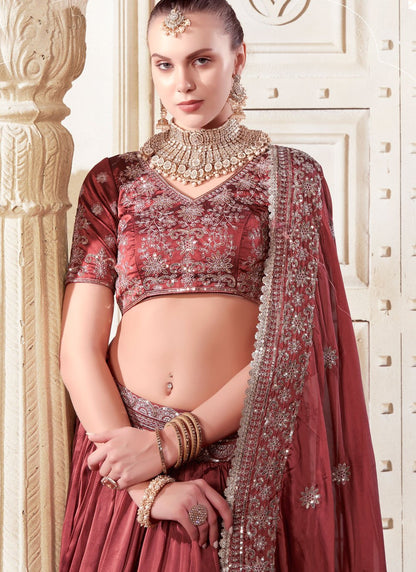 Brick Red Opulent Silk Wedding Reception Lehenga Choli with Embroidery and Sequins