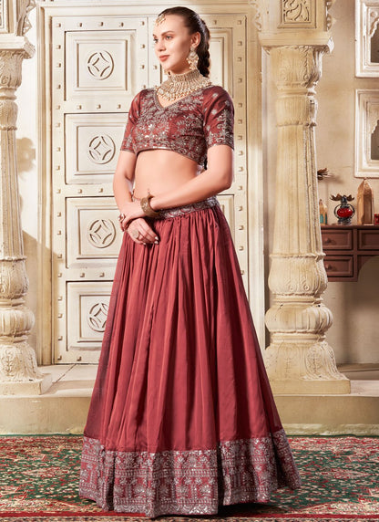 Brick Red Opulent Silk Wedding Reception Lehenga Choli with Embroidery and Sequins