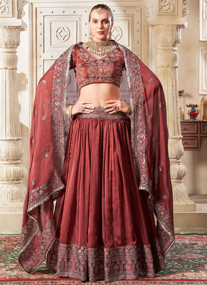 Brick Red Opulent Silk Wedding Reception Lehenga Choli with Embroidery and Sequins