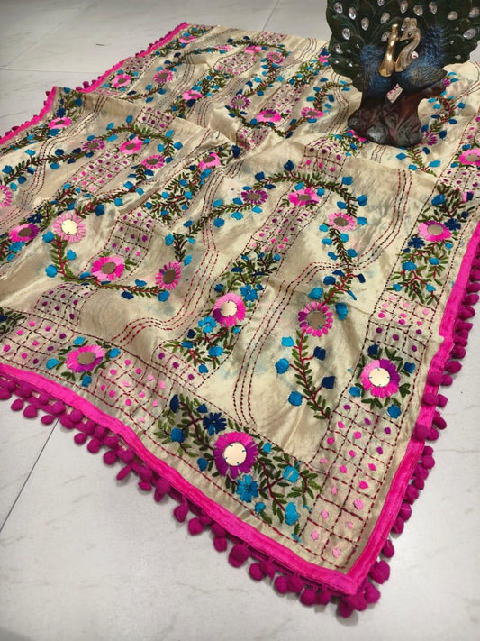 Pink Silk Pom Pom Phulkari Dupatta with Exquisite Handwork Embroidery - Inayakhan Shop 