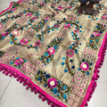 Pink Silk Pom Pom Phulkari Dupatta with Exquisite Handwork Embroidery
