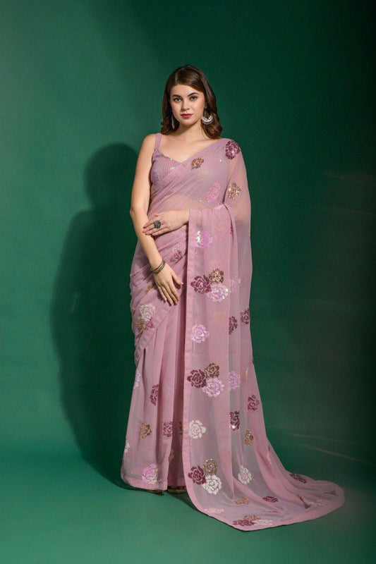 Pink Stunning Heavy Georgette Saree with Fancy Sequins Embroidery - Inayakhan Shop 