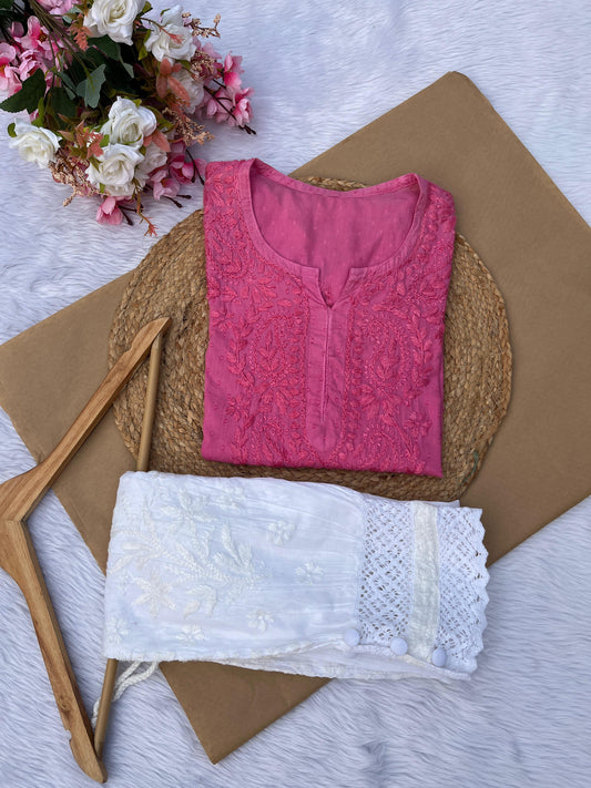 Pink Summer Breeze Dobby Cotton Short Kurti With Pant - Inayakhan Shop 
