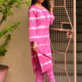 Pink Tie n Dye Chikankari Cotton Set with Stretchable Lycra Machine Pant