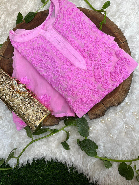 Pink Viscose Chikankari Kurti with 3-D Thread Handwork Embroidery Latest Online - Inayakhan Shop 