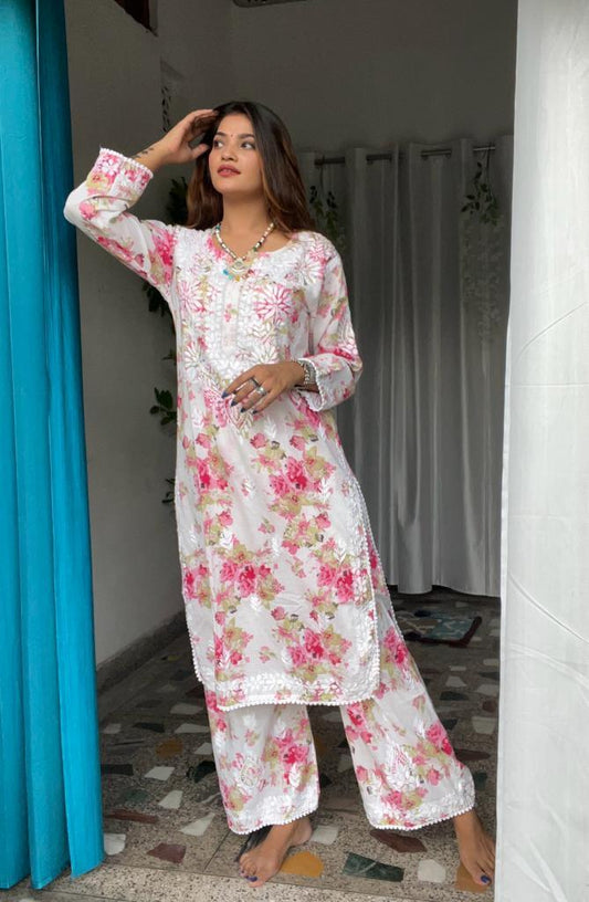 Pink White Lucknowi Chikankari Mul Mul Cotton Kurti and Palazzo Co-ord Set - Inayakhan Shop 