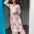 Pink White Lucknowi Chikankari Mul Mul Cotton Kurti and Palazzo Co-ord Set