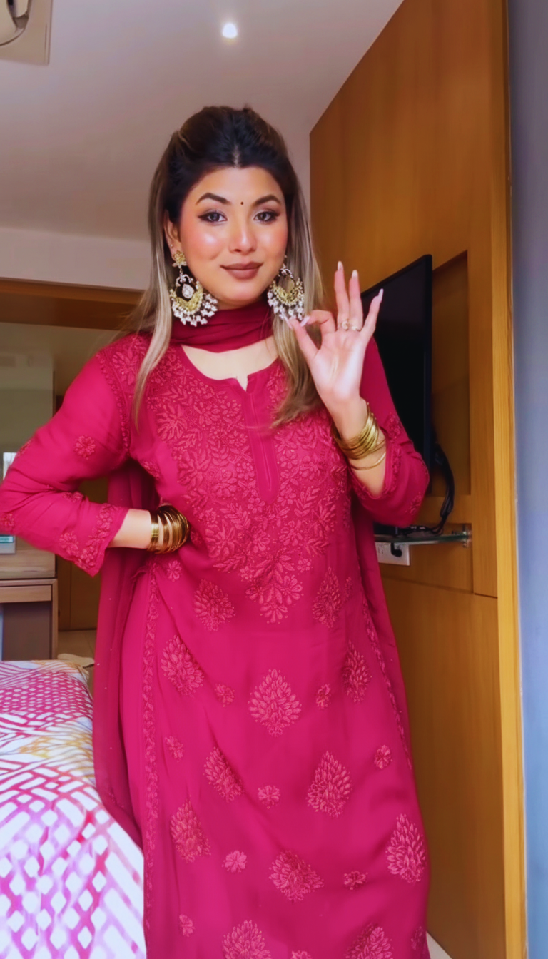 Deep Pink Viscose Chikankari Kurti Set with 3D Handwork Inner included