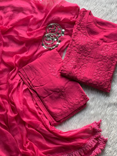 Pink Iconic Mukaish Work Lucknow Chikankari 3-Piece Set