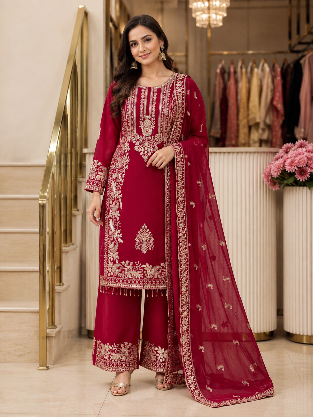 Pink Heavy Faux Georgette Embroidered Sequin Top Palazzo Dupatta Set