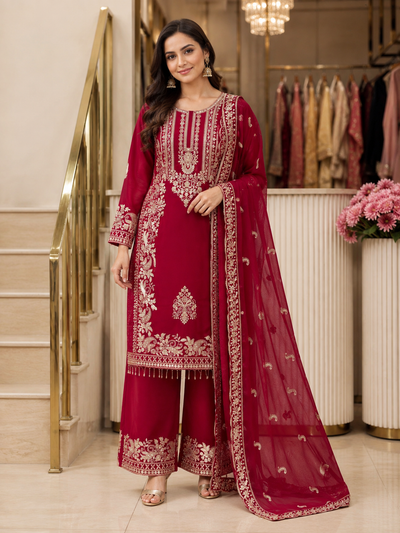Pink Heavy Faux Georgette Embroidered Sequin Top Palazzo Dupatta Set