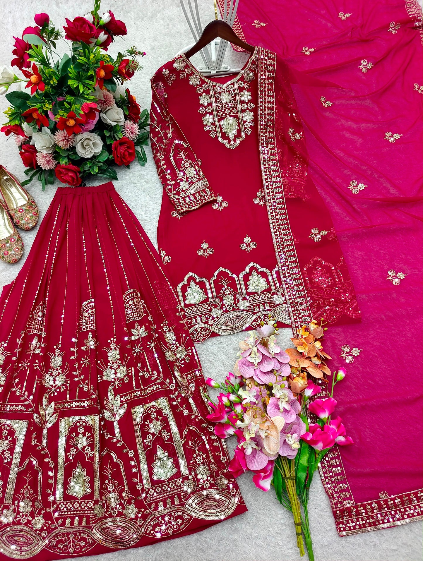 Rani Pink Embroidered Georgette Sharara Suit Set