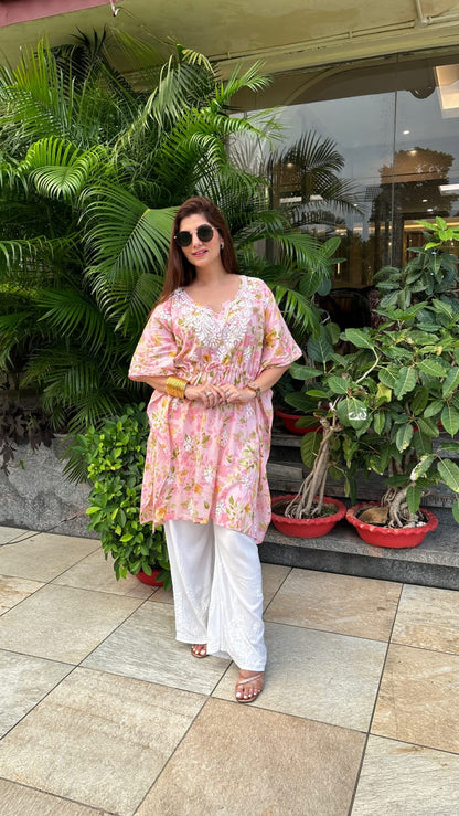 Pink Lucknow Chikankari Mul Mul Kaftan & Pallazo Set with Ghas Patti Work