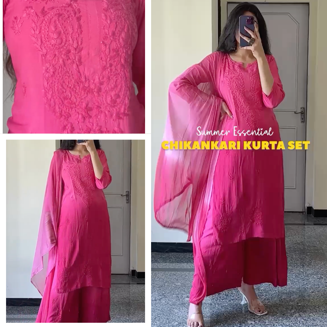 Elegant 3 pc Pink Ethereal Dyeble Modal Chikankari Kurta Set