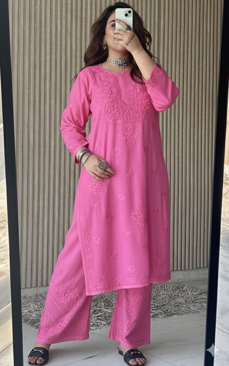 Light Pink Lucknow Chikankari Rayon Kurta Palazzo Co-ord Set with Tone-to-Tone Hand Embroidery Plus Size