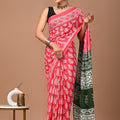Pink Multicolor Ajrakh Cotton Mul Handblock Print Saree with Ready-to-Wear Blouse Set