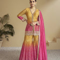 Pink Yellow Bandhej Print Chinon Gharara Suit Set – Party Wear Elegance