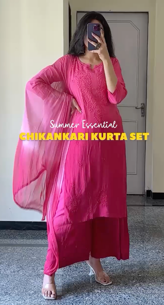 Elegant 3 pc Pink Ethereal Dyeble Modal Chikankari Kurta Set