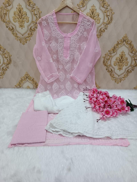 Light Pink Lucknawi Chikankari Georgette Full Jaal Sharara 4 Pc Set