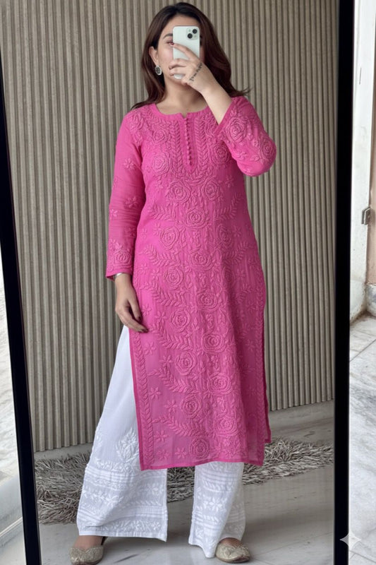 Pink Lucknowi Chikankari Rose Viscose Georgette Kurta Set