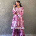 Pink Premium Lucknowi Chikankari Lace Printed Mal Mal Bell Sleeves Co-Ord Gharara Set