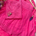 Pink Lucknow Chikankari Resham Work Viscose Short Kurti & Gharara Set with Chiffon Dupatta