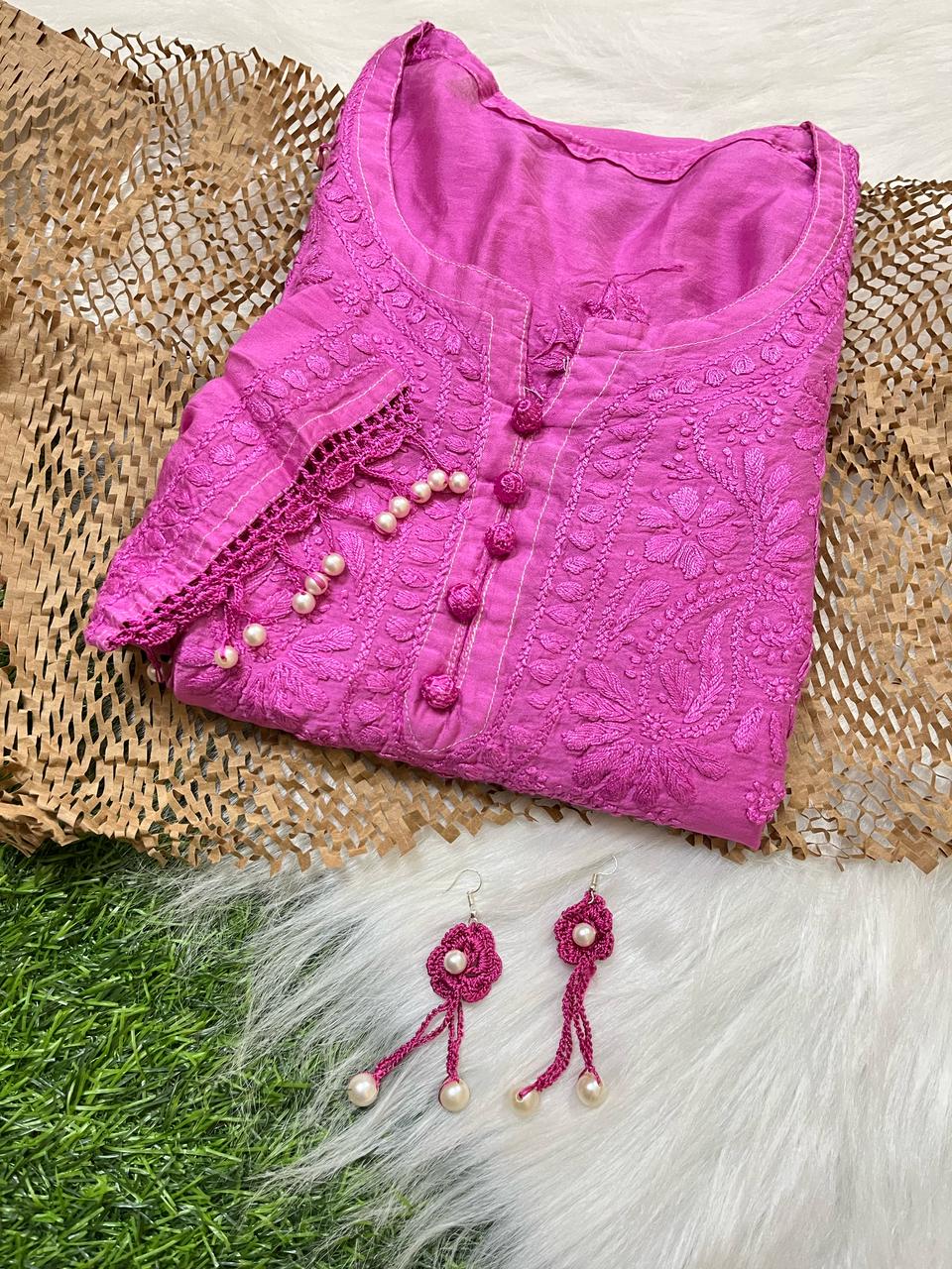 Pink Elegant Chanderi Kurti with Quraishiya & Moti Work – Matching Handmade Earrings & lycra Pant