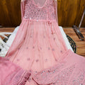 Peach Lucknowi Chikankari Georgette Mirror Work Angrakha Gown with Sharara & Dupatta Set