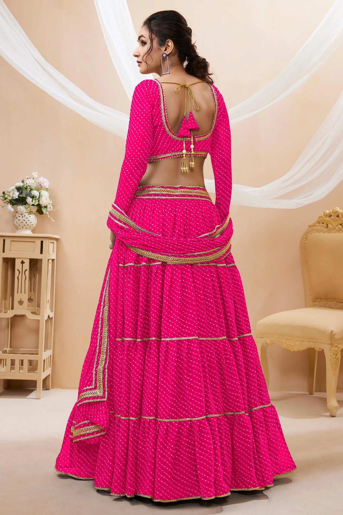 Pink Color Leheriya Print Wide Flair Navratri Lehenga Choli