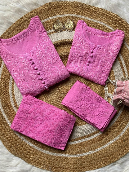 Pink Mother-Daughter Chikankari Set Dobby Cotton Kurti & Lycra Stretchable Pant Co-ord Set