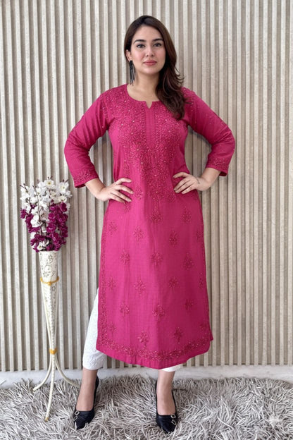 Pink Exquisite Lucknow Chikankari Mukesh Work Kurti Set