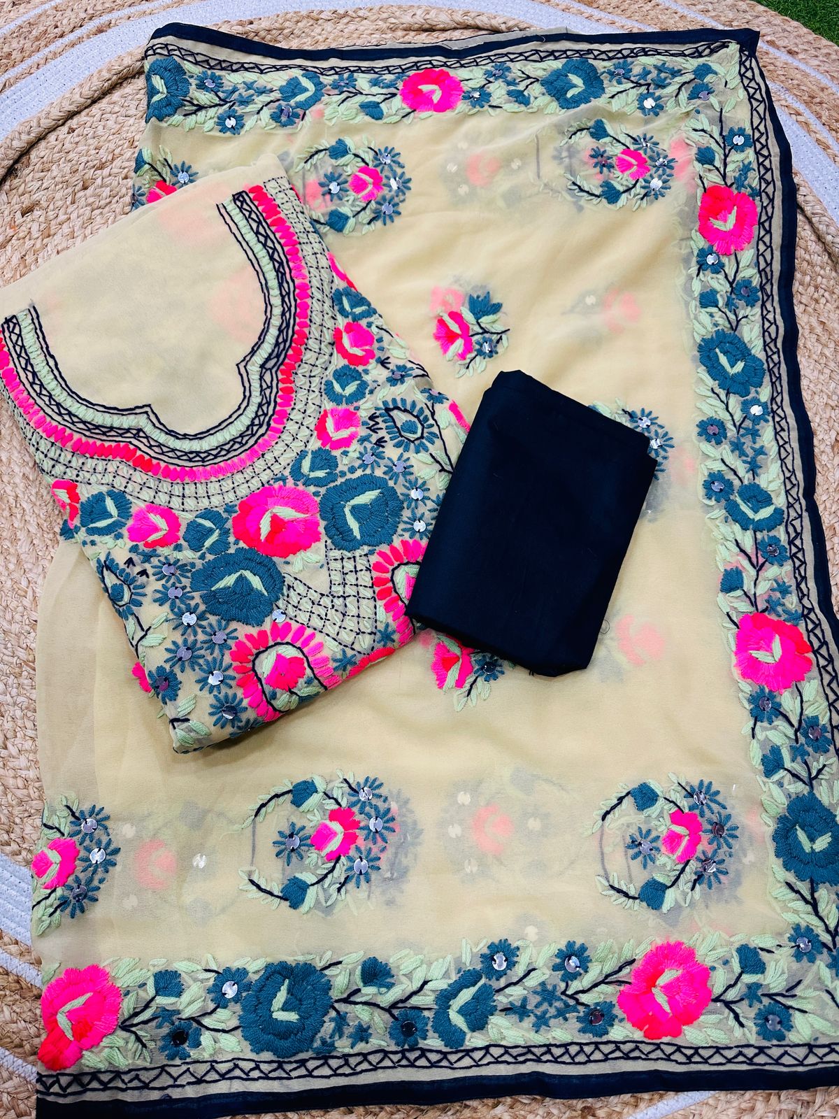 Pink Beautiful Super Georgette Kantha Work Suits Stitched