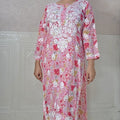 Pink Plus Size Mulmul Printed Lucknowi Chikankari Kurta Set - Up to 5XL