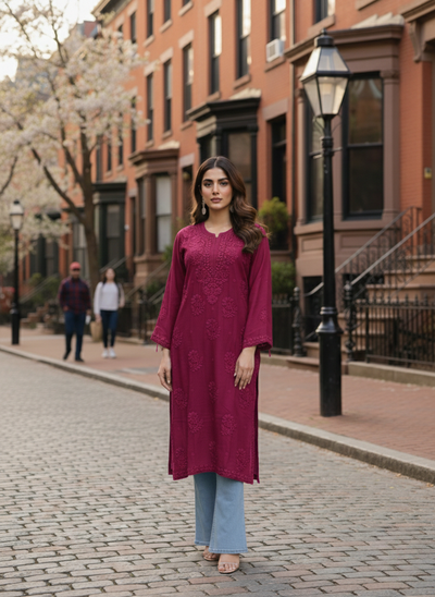 Deep Pink 3D Handcrafted Viscose Chikankari Kurti