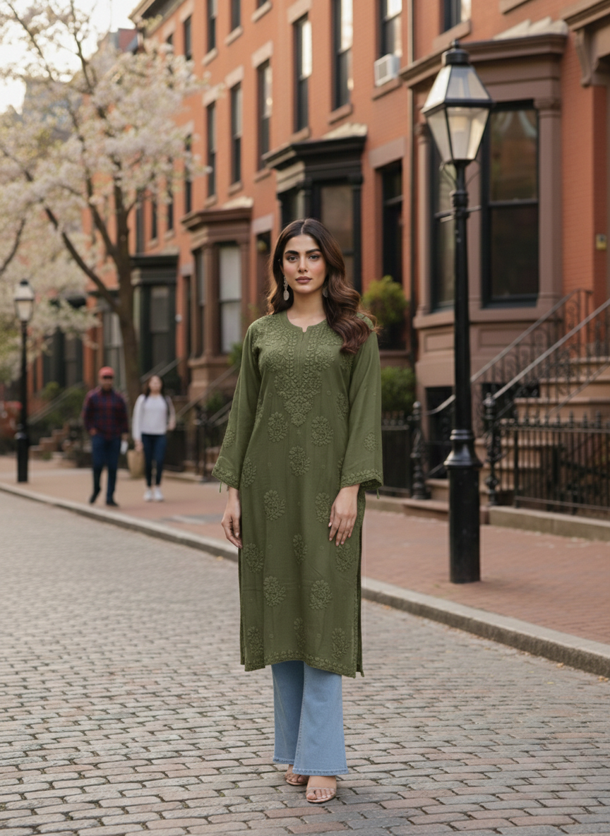 Olive Green 3D Handcrafted Viscose Chikankari Kurti