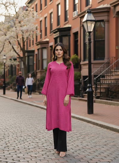 Fuchsia Pink  Handcrafted Viscose Chikankari Kurti