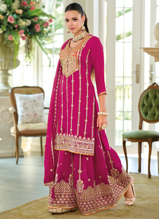 Rani Pink Embroidered Wedding Sharara Suit with Gharara Palazzo and Silk Dupatta