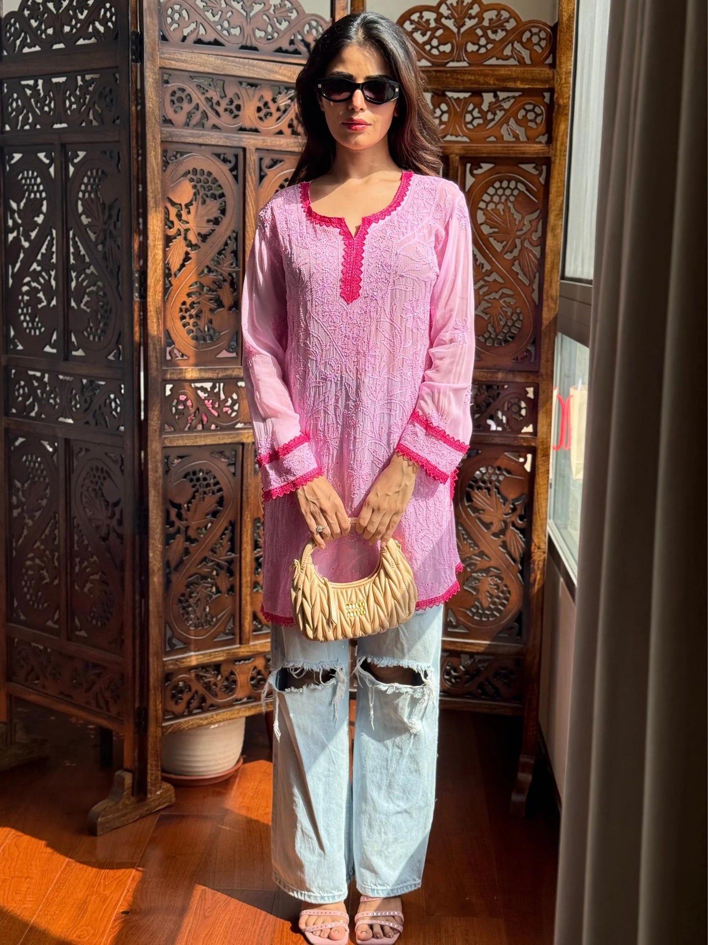 Pink Premium Resham Viscose Jall Short Kurti