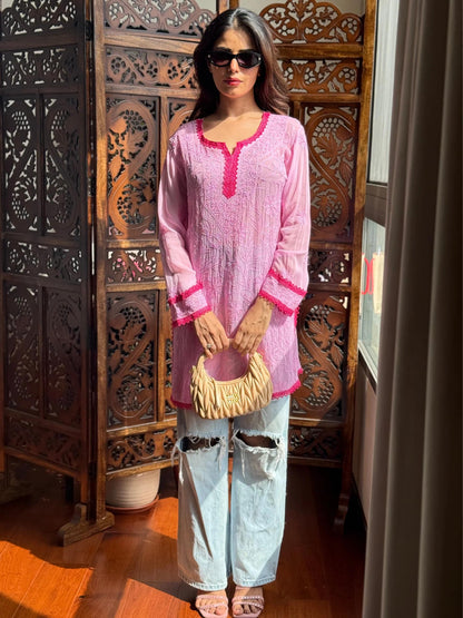 Pink Premium Resham Viscose Jall Short Kurti