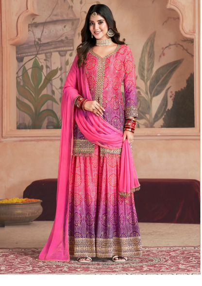 Pink Plus Size Premium Bandhani Print Silk Gharara Suit with Dupatta