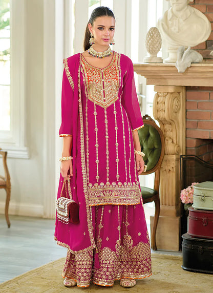 Rani Pink Embroidered Wedding Sharara Suit with Gharara Palazzo and Silk Dupatta