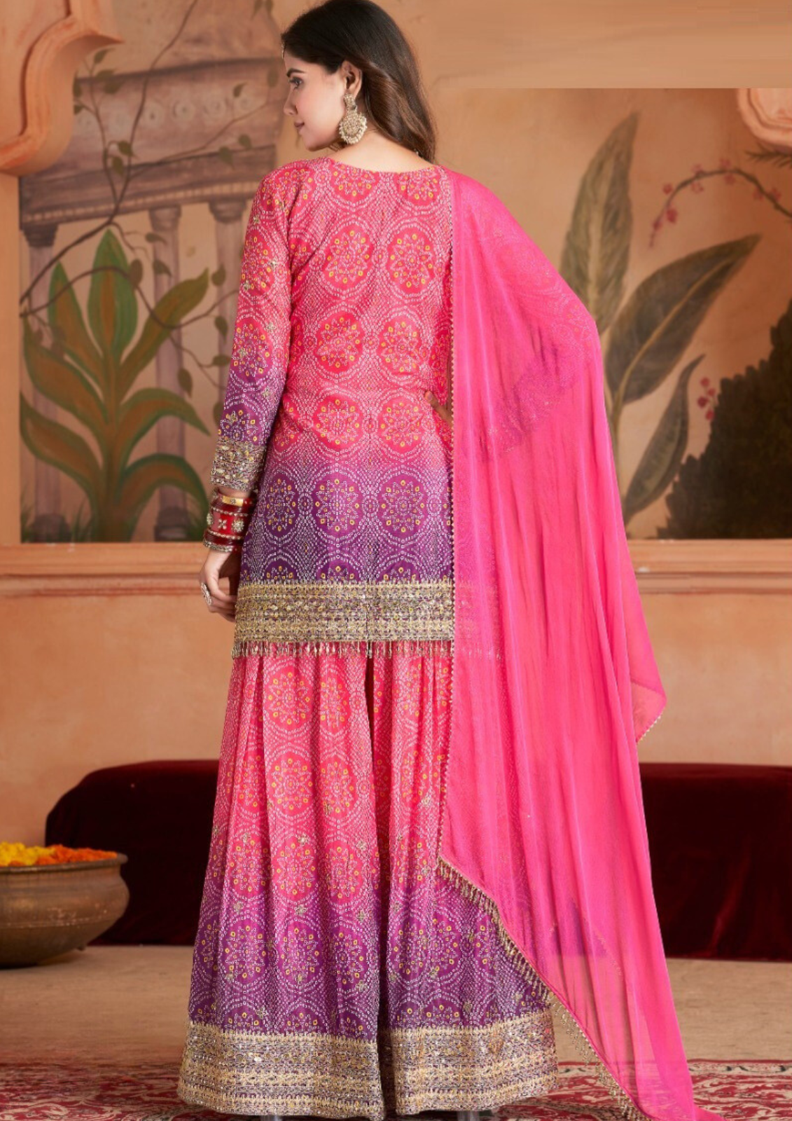 Pink Plus Size Premium Bandhani Print Silk Gharara Suit with Dupatta